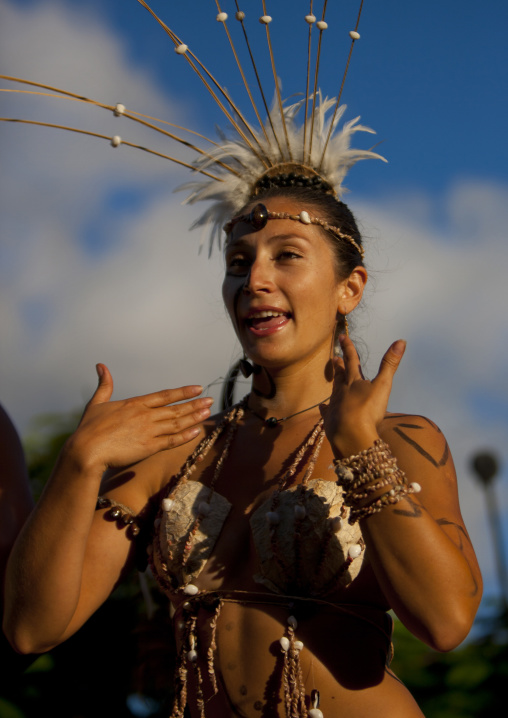 Beautiful woman during carnival parade during Tapati festival, Easter Island, Hanga Roa, Chile