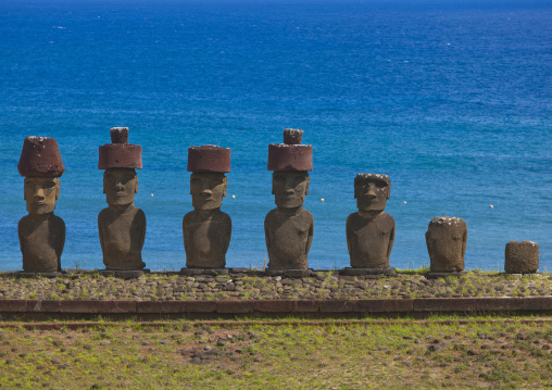 Moais in ahu nau nau at anakena beach, Easter Island, Hanga Roa, Chile