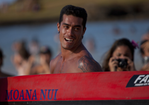 Tattooed men ready for canoe competition at anakena beach, Easter Island, Hanga Roa, Chile