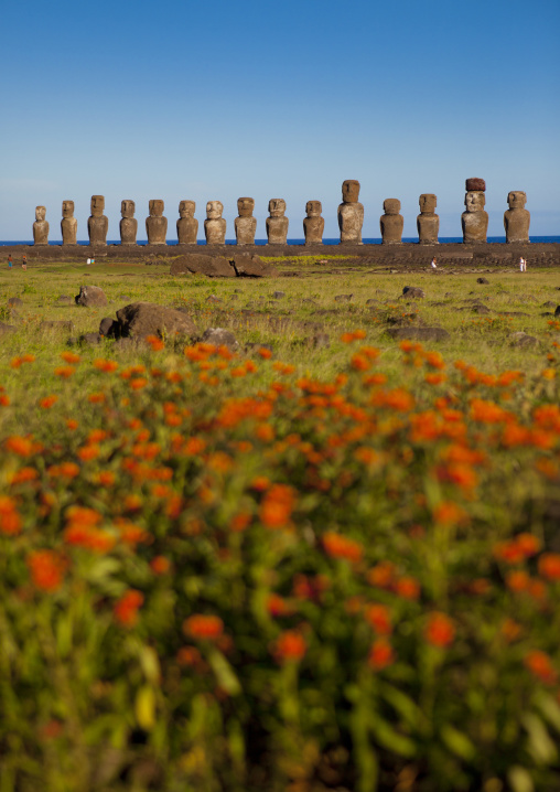 Monolithic moai statues at ahu tongariki, Easter Island, Hanga Roa, Chile
