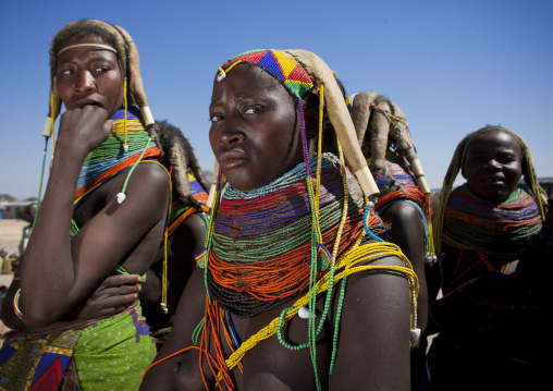 Mumuhuila Women Wearing The Traditional Giant Beaded Necklace Made Of Mud, Village Of Hale, Huila Area, Angola