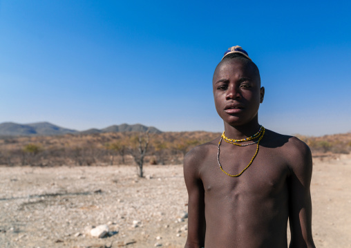 Portrait of a single Himba tribe young man, Cunene Province, Oncocua, Angola
