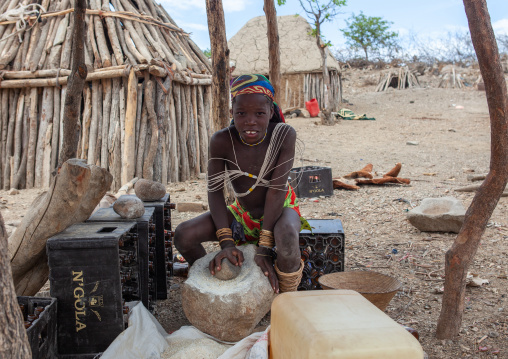 Mucubal tribe woman in her hut, Namibe Province, Virei, Angola