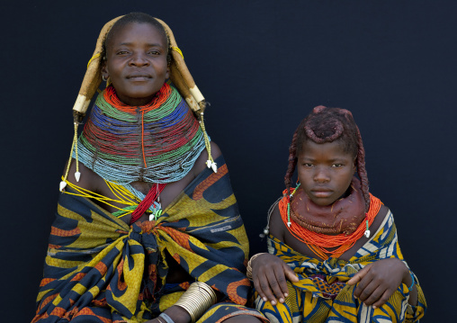 Mwila Woman And Girl With Traditional Necklaces And Hairstyles, Chibia Area, Angola