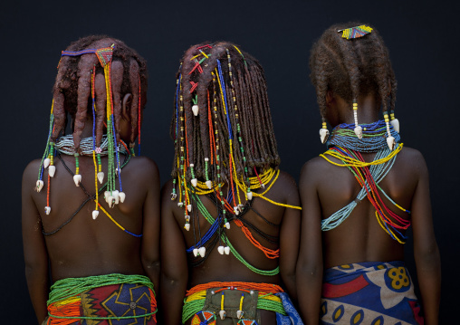Mwila Girls With Traditional Hairstyle And Beaded Necklaces, Angola