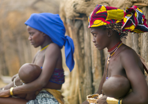 Mucubal Women With Ompota Headdresses Holding Their Babies, Virie Area, Angola