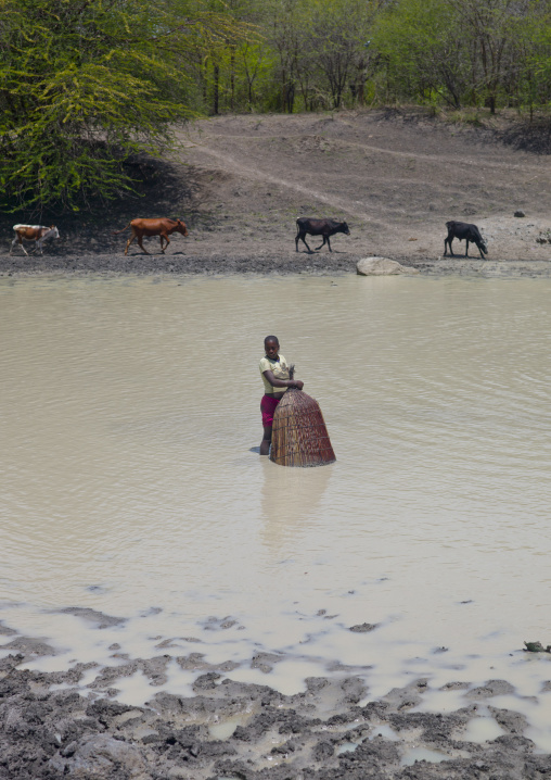 Girl Fishing In The River With A Basket Fishing Net, Angola