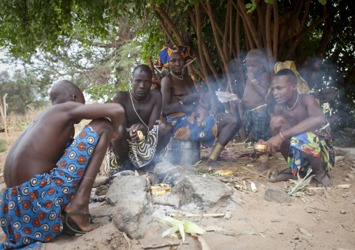 Mucubal Men Cooking And Eating Corn, Virie Area, Angola