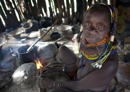 Old Mwila Woman Cooking In Her Hut, Chibia Area, Angola