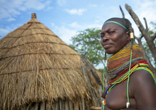 Mwila Woman With A Vilanda Necklace In Front Of Her Hut, Chibia Area, Angola