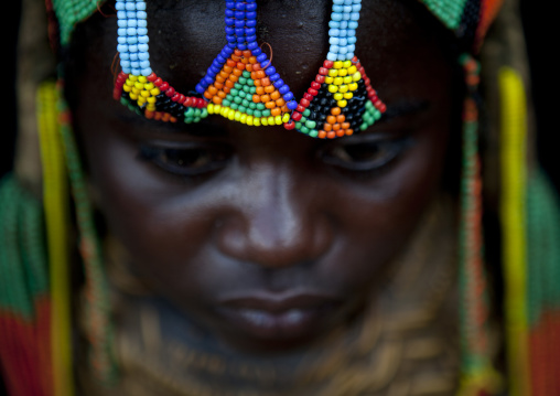 Mwila Girl Wearing A Headdress Made Of Beads, Angola