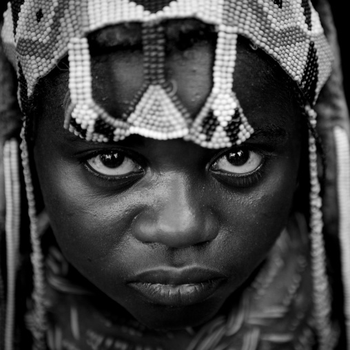 Mwila Girl Wearing A Headdress Made Of Beads, Angola