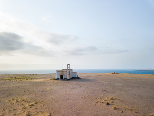 Aerial view of an abandoned church from the portuguese colonial times, Namibe Province, Tomboa, Angola