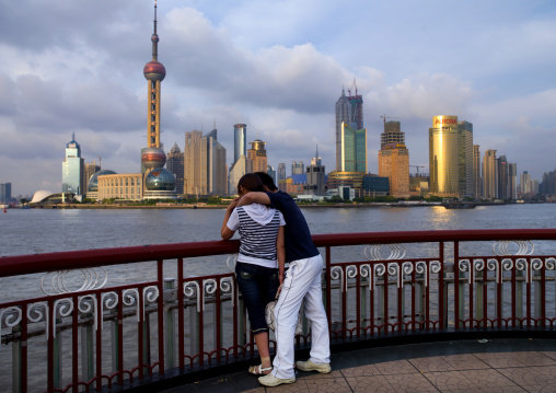 Young Couple Inlove In Front Of Jinmao Tower And Oriental Pearl Tower, Shanghai, China