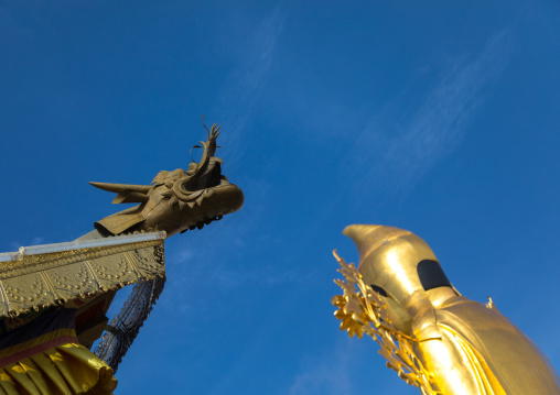 Dragon on a roof and golden statue of buddha in Shachong monastery, Qinghai Province, Wayaotai, China