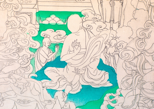 Thangka painting in progress, Qinghai province, Wutun, China