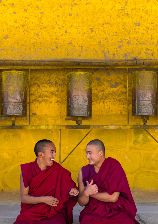 Monks debating in front of prayer wheels in a Rongwo monastery, Tongren County, Longwu, China
