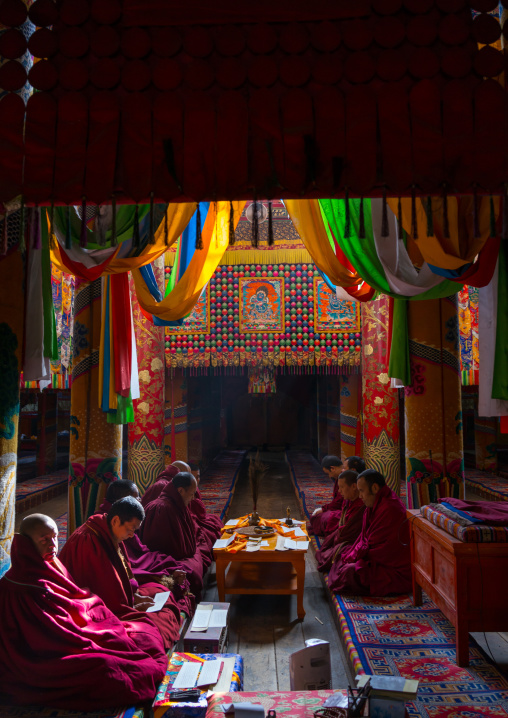 Monks praying and meditating inside Rongwo monastery, Tongren County, Longwu, China