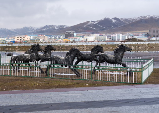 Horses statues in the suburb of the town, Qinghai province, Sogzong, China