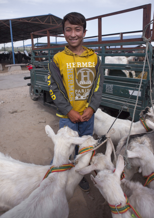 Uyghur Boy And Goats, Serik Buya Market, Yarkand, Xinjiang Uyghur Autonomous Region, China
