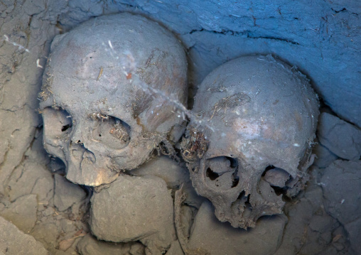 Human skulls iside an old muslim shrine, Badakhshan province, Khandood, Afghanistan