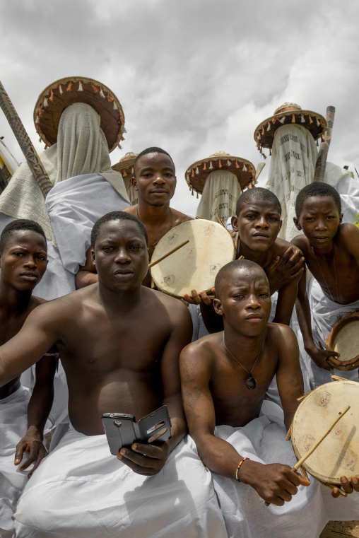 Benin, West Africa, Porto-Novo, masked messengers and musicians from yafin nigerian king