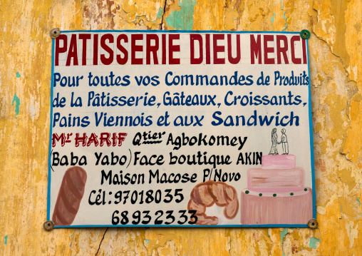 Benin, West Africa, Porto-Novo, bakery sign on a wall