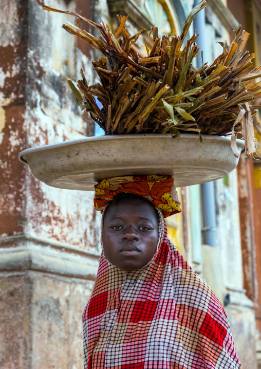 Benin, West Africa, Porto-Novo, veiled young woman carrying wood on head