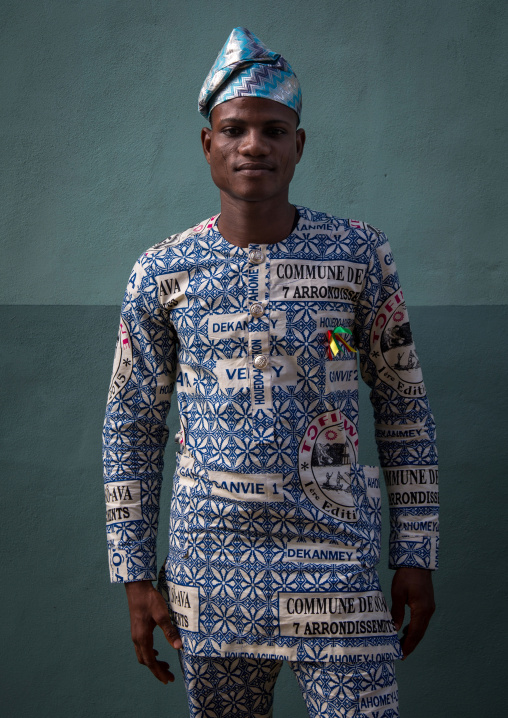 Benin, West Africa, Ganvié, fashionable young man in traditional beninese clothing