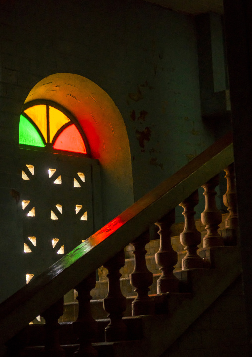 Benin, West Africa, Porto-Novo, stairs and stain glass window inside the great mosque