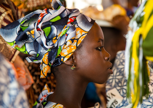 Benin, West Africa, Ganvié, beninese young woman profile with a colorful headwear