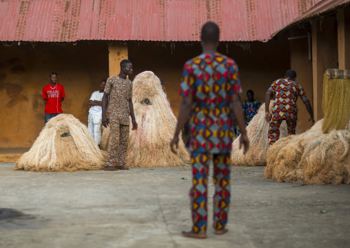 Benin, West Africa, Porto-Novo, zangbeto guardian of the night spirit dance in the royal palace