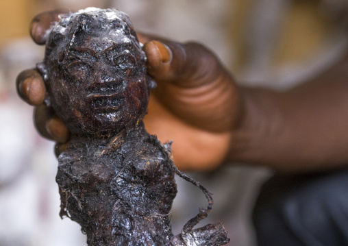 Benin, West Africa, Bonhicon, kagbanon bebe voodoo priest holding a statue covered with blood