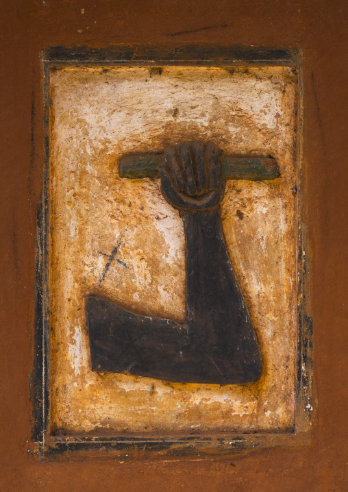 Benin, West Africa, Abomey, arm on a bas-relief at agoli-agbo former palace