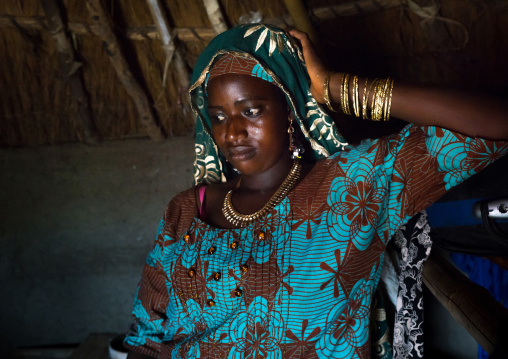 Benin, West Africa, Taneka-Koko, fulani peul tribe bride inside her hut