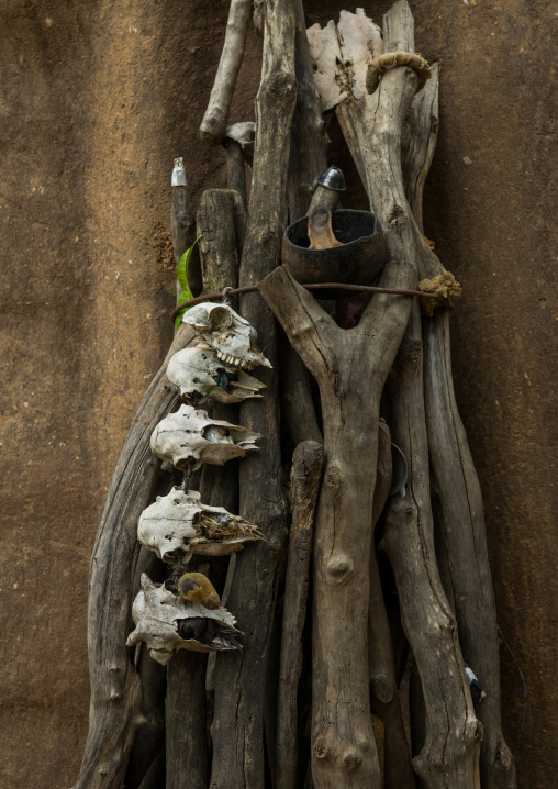Benin, West Africa, Boukoumbé, fetish items protecting a traditional tata somba house