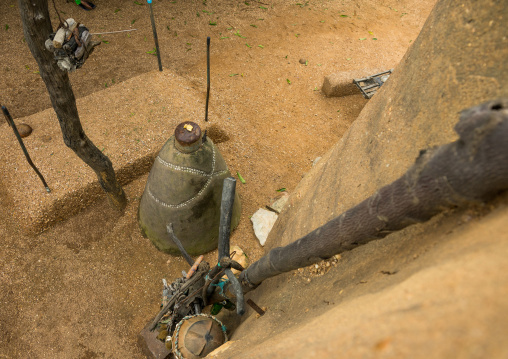 Benin, West Africa, Boukoumbé, altar in front of a traditional tata somba house viewed from the terrace