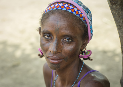 Benin, West Africa, Gossoue, a beautiful tattooed fulani peul tribe woman portrait
