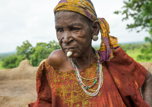 Togo, West Africa, Nadoba, tamberma somba tribe woman with a stone in the chin as decoration