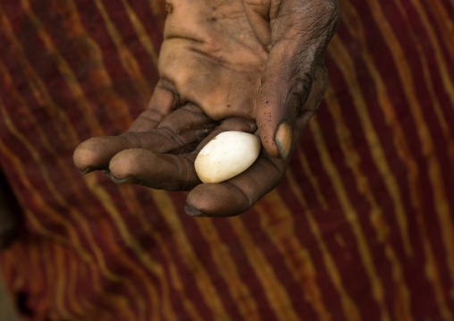 Togo, West Africa, Nadoba, tamberma somba tribe woman showing a stone she uses to put in the chin as decoration