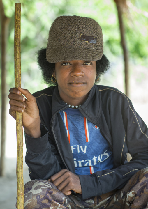 Benin, West Africa, Gossoue, fulani peul tribe boy with fashionable clothes