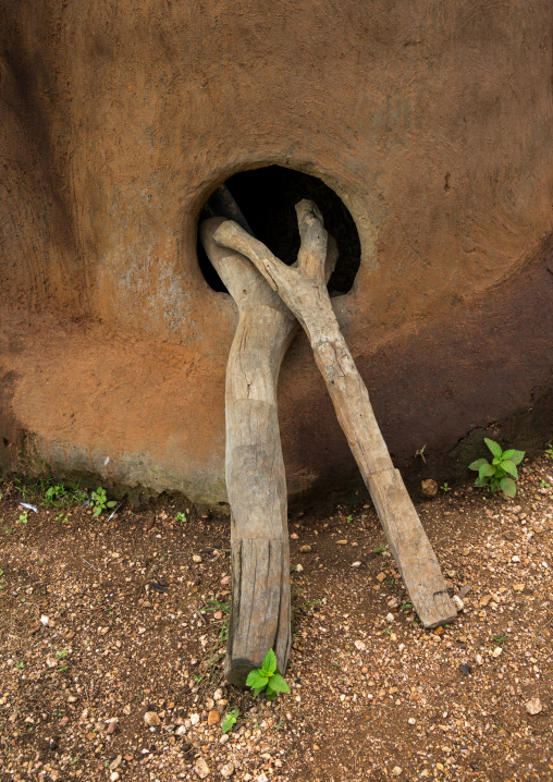 Togo, West Africa, Nadoba, ladders on a traditional tata somba granary
