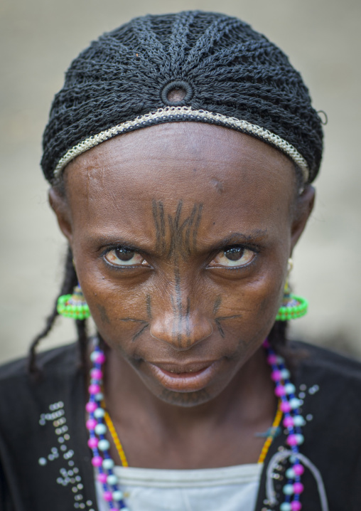 Benin, West Africa, Gossoue, a beautiful tattooed fulani peul tribe woman portrait