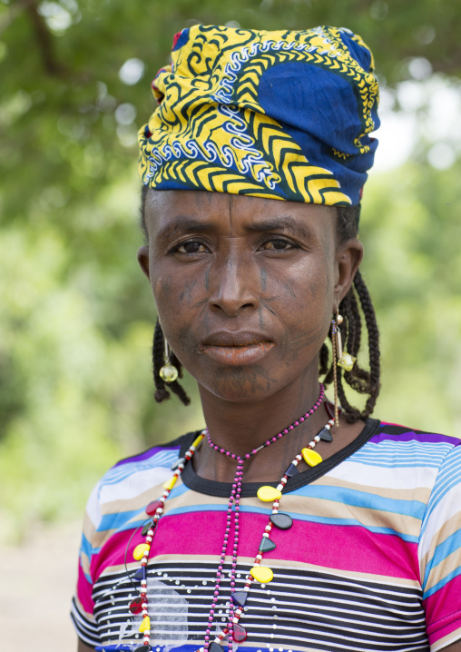 Benin, West Africa, Gossoue, a beautiful tattooed fulani peul tribe woman portrait