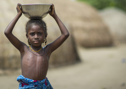 Benin, West Africa, Gossoue, fulani peul tribe little girl with a bucket of water on her head