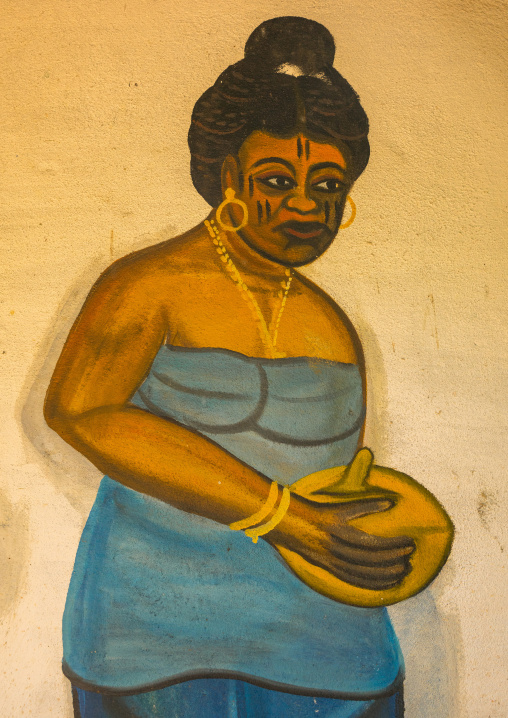 Benin, West Africa, Ouidah, temple in the sacred forest of kpasse painted wall