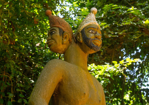 Benin, West Africa, Ouidah, statue of 3-headed voodoo deity in sacred forest of kapasse