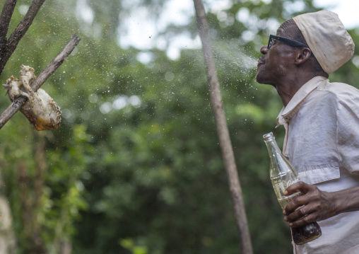 Benin, West Africa, Dankoly, a priest spitting coca cola on a voodoo shrine to make an offering to the spirits