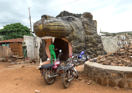 Benin, West Africa, Savalou, the voodoo covent of the royal palace lion head entrance
