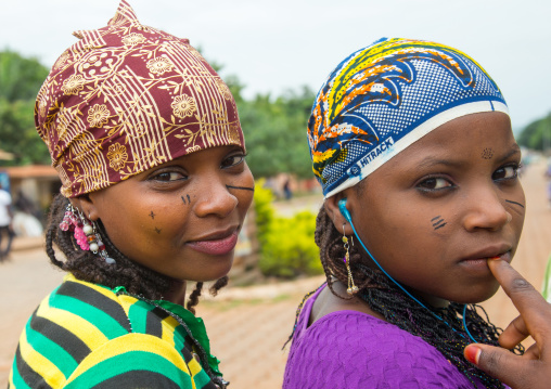 Benin, West Africa, Savalou, beautiful tattooed fulani peul tribe teenagers